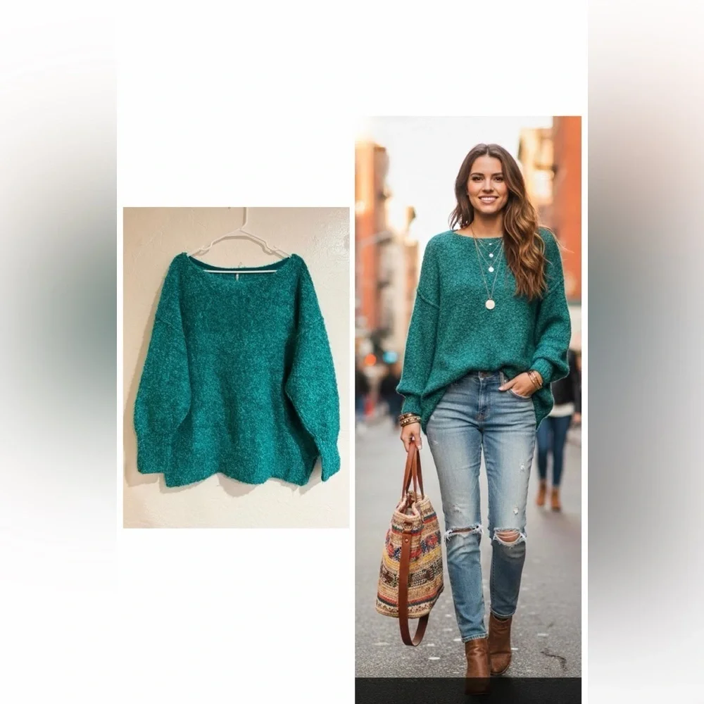 Free People Women's Teal Oversized Wool Blend Sweater size S Petite